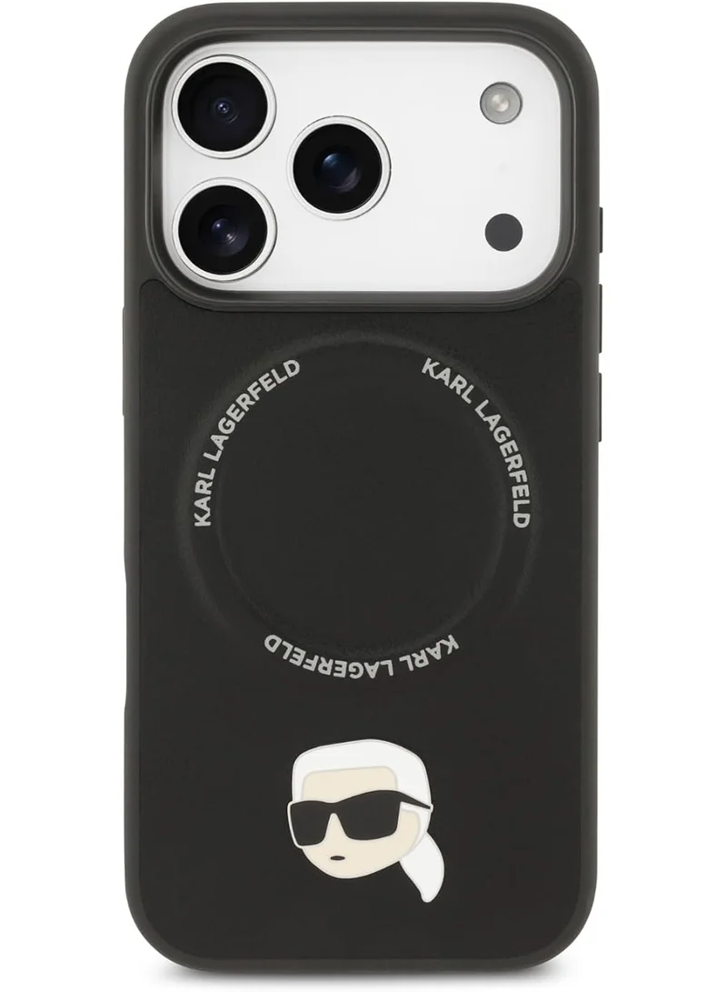Karl Lagerfeld iPhone 17 Pro Max PU Leather Case With Karl Head Pins / Easy Snap-On / Slim Profile / Lightweight / Back Cover - Black