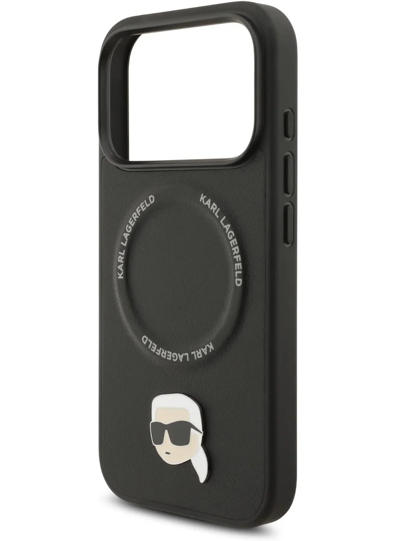 Karl Lagerfeld iPhone 17 Pro Max PU Leather Case With Karl Head Pins / Easy Snap-On / Slim Profile / Lightweight / Back Cover - Black