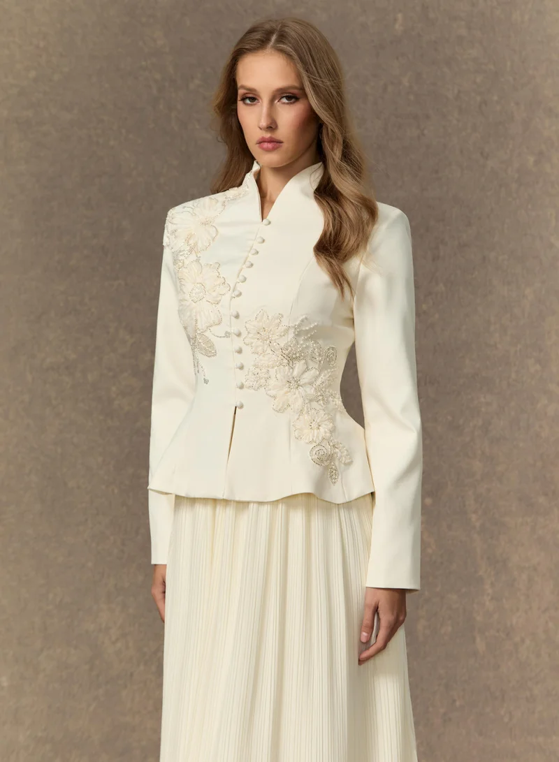 Sunfere White Graceful Arrival Black Lace Embroidered Jacket & Pleated Skirt Set for Women | Best Price UAE
