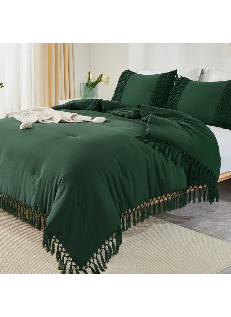 Andency Andency Full Size Comforter Set Emerald Green  Dark Green Boho Tassel Lightweight Vintage Soft Bedding Comforter Sets  3 Pieces All Season Fluffy Fringe Bed Set (79x90In Comforter & 2 Pillowcases)  - Image 1