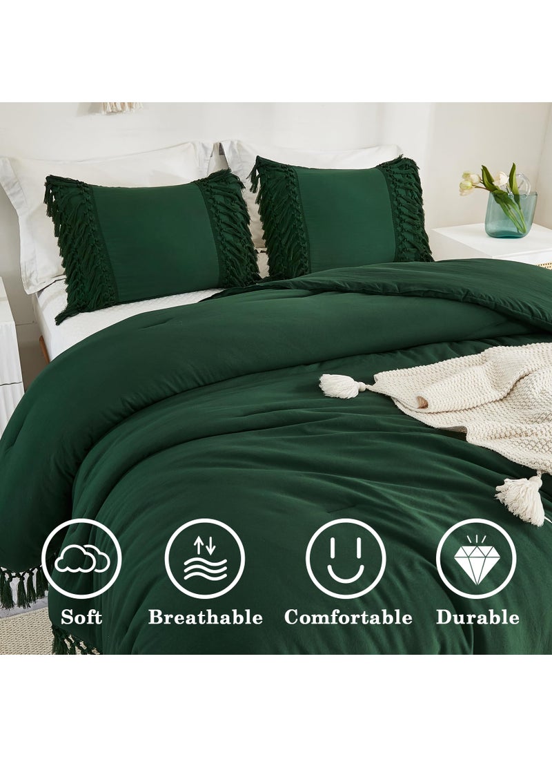 Andency Andency Full Size Comforter Set Emerald Green  Dark Green Boho Tassel Lightweight Vintage Soft Bedding Comforter Sets  3 Pieces All Season Fluffy Fringe Bed Set (79x90In Comforter & 2 Pillowcases)  - Image 2