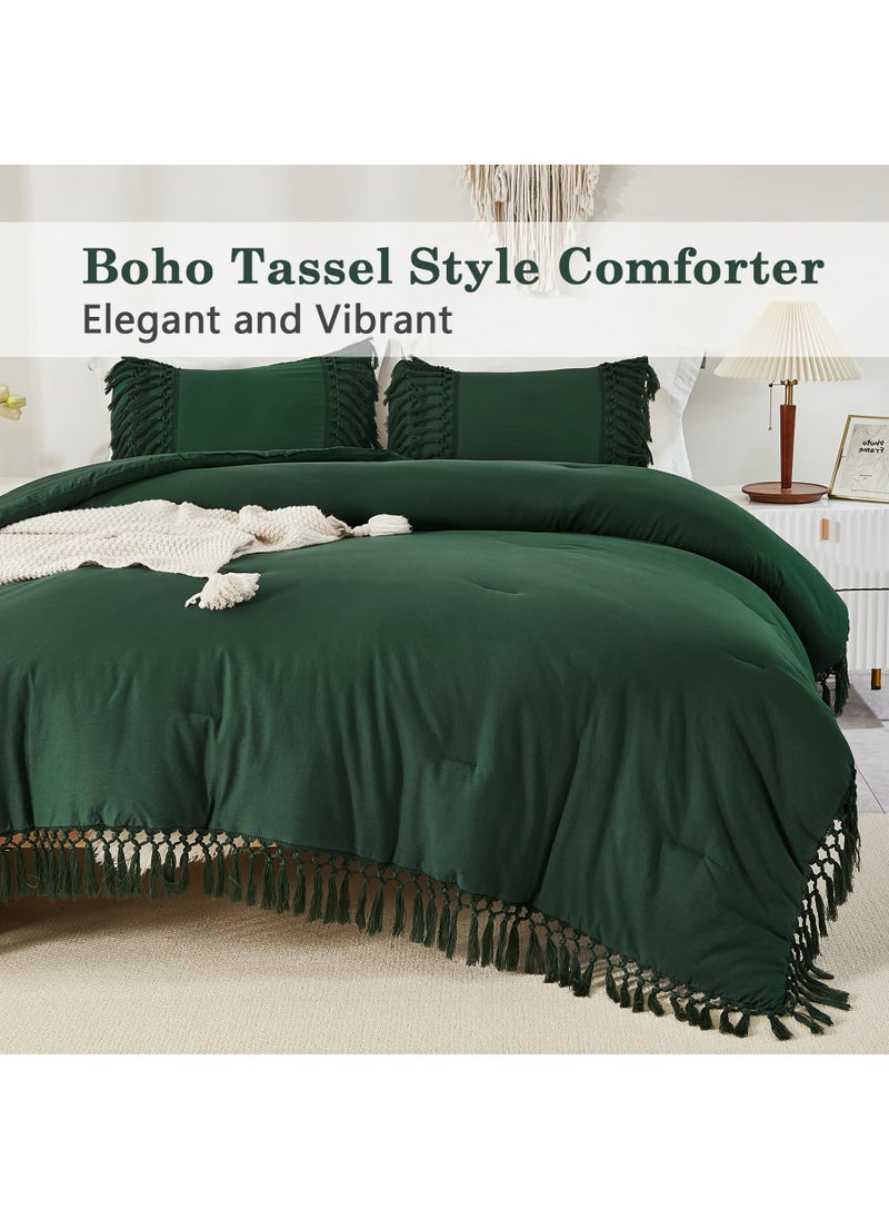 Andency Andency Full Size Comforter Set Emerald Green  Dark Green Boho Tassel Lightweight Vintage Soft Bedding Comforter Sets  3 Pieces All Season Fluffy Fringe Bed Set (79x90In Comforter & 2 Pillowcases)  - Image 3