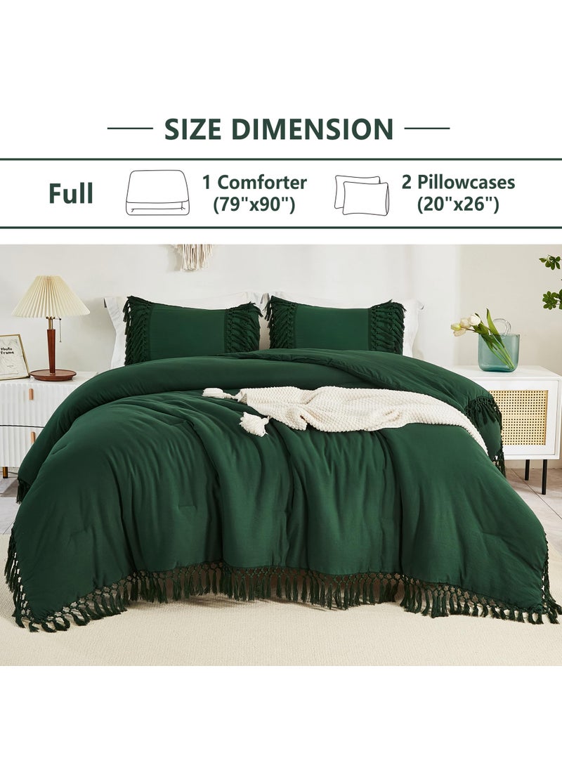 Andency Andency Full Size Comforter Set Emerald Green  Dark Green Boho Tassel Lightweight Vintage Soft Bedding Comforter Sets  3 Pieces All Season Fluffy Fringe Bed Set (79x90In Comforter & 2 Pillowcases)  - Image 5