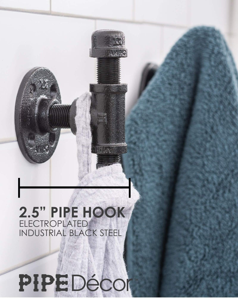 PIPE DECOR Robe and Towel Single Hook Kit Heavy Duty DIY Style, Rustic and Chic Industrial Iron Pipe with Electroplated Black Finish, Wall Mounted, Mounting Hardware Included, Oil + Rust Free (3) - Image 2