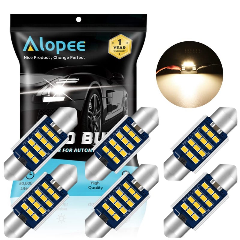 Alopee 6Pack 6418 LED Bulb C5W 142 Festoon Warm White 3000K Error Free Non Polarity Replacement for DE3423 4410 C5W Interior Dome Lights Map Lights DC 928V