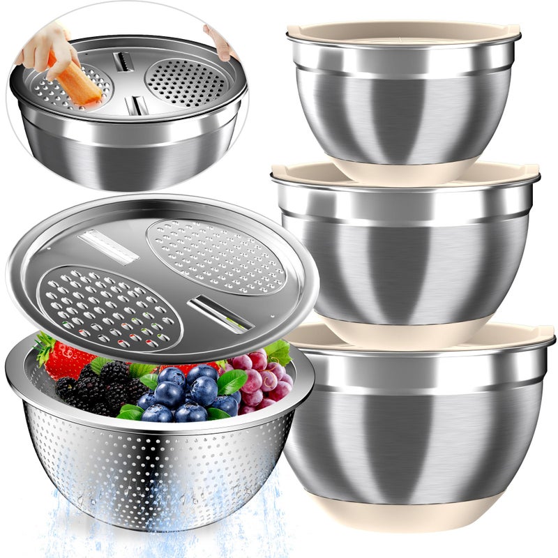 Nicdiet Mixing Bowls with Airtight Lids, Stainless Steel Mixing Bowl Set with 3 Metal Nesting Bowls, Colander & Grater, Non-Slip Bottoms, Size 1.5, 2.5, 5 QT, Great for Mixing & Serving, Khaki - Image 1