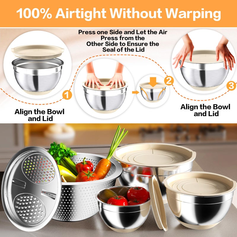 Nicdiet Mixing Bowls with Airtight Lids, Stainless Steel Mixing Bowl Set with 3 Metal Nesting Bowls, Colander & Grater, Non-Slip Bottoms, Size 1.5, 2.5, 5 QT, Great for Mixing & Serving, Khaki - Image 2