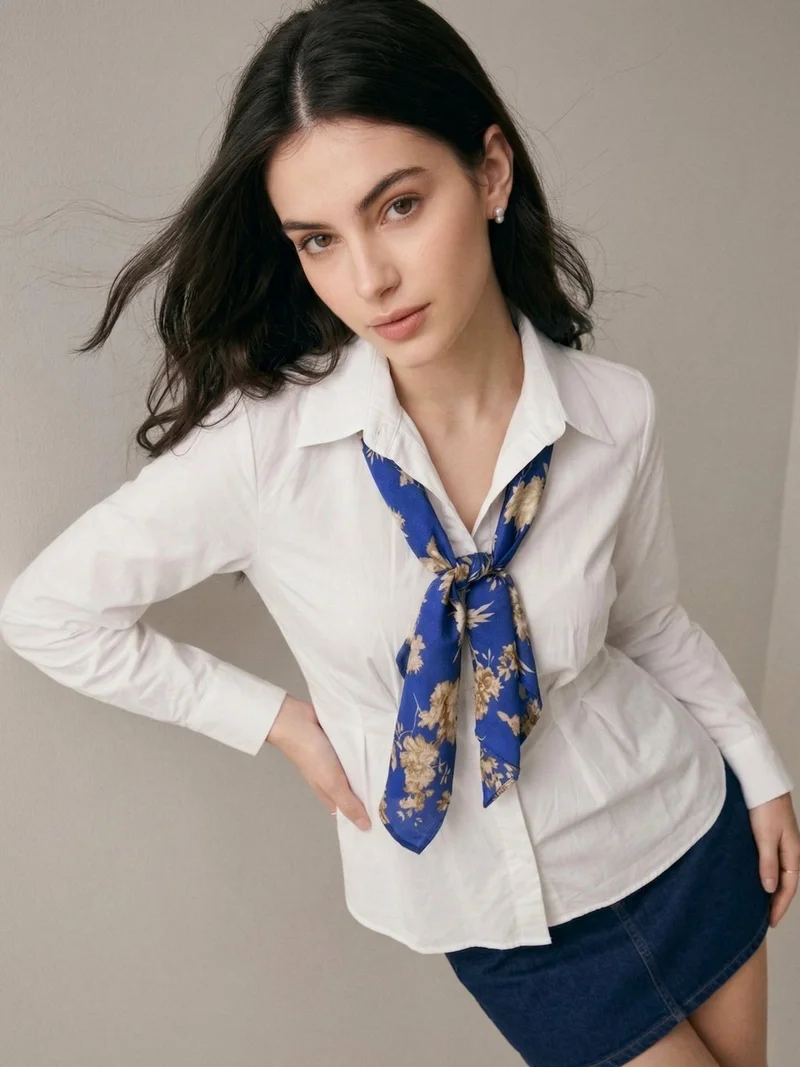 Outzidr  Off White Formal Fitted Shirt With Contrast Scarf for Women | Best Price UAE