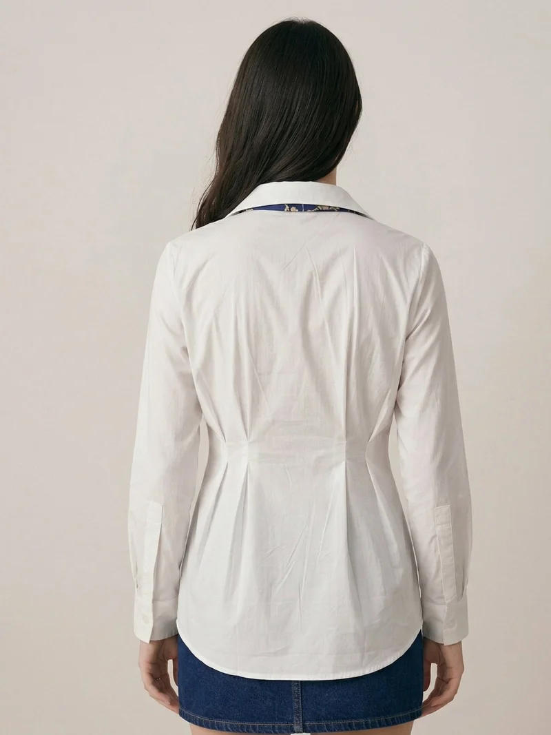 Outzidr  Off White Formal Fitted Shirt With Contrast Scarf for Women | Best Price UAE
