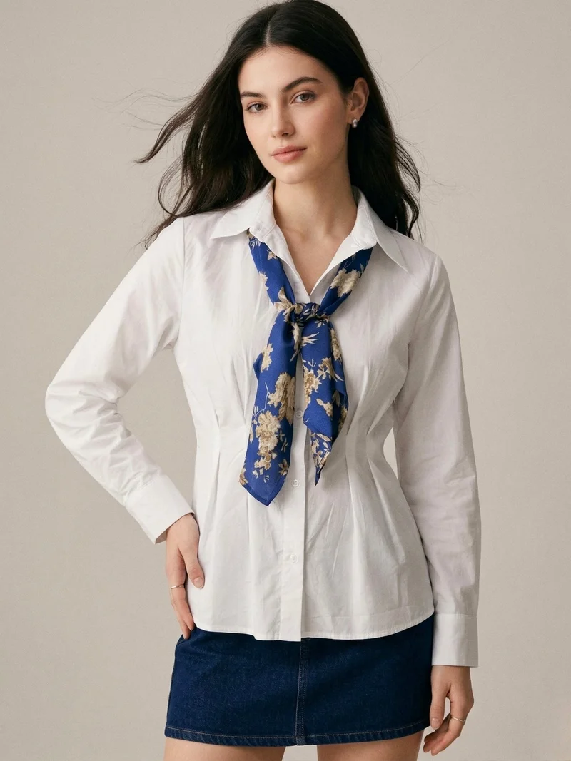 أوجيدر Off White Formal Fitted Shirt With Contrast Scarf