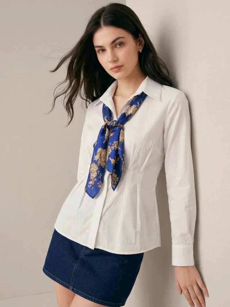 أوجيدر Off White Formal Fitted Shirt With Contrast Scarf