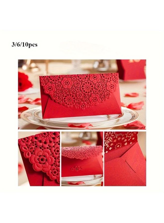 ظروف زفاف أنيقة من النوع ب - 3 قطع بتصميم نافر للزهور والفراشات على ورق غير لامع باللون الأحمر - Image 3