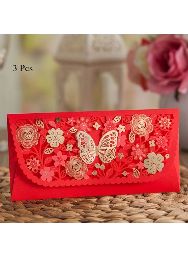 ظروف زفاف أنيقة من النوع ب - 3 قطع بتصميم نافر للزهور والفراشات على ورق غير لامع باللون الأحمر - Image 2