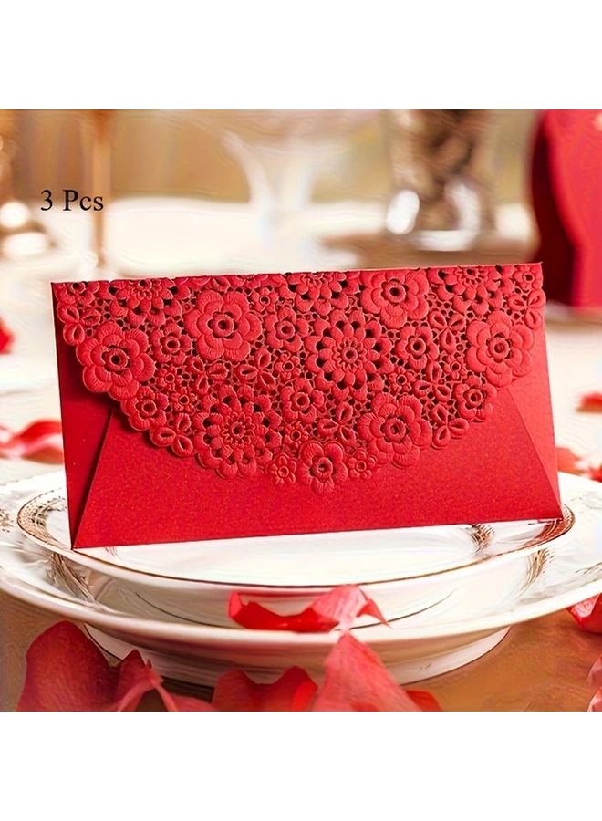 ظروف زفاف أنيقة من النوع ب - 3 قطع بتصميم نافر للزهور والفراشات على ورق غير لامع باللون الأحمر - Image 1