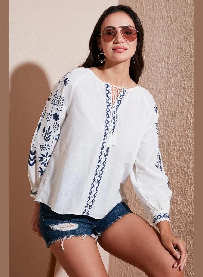 ليلا بلوزة نسائية قطنية ليلى بقصة عادية وأكمام بالون مطرزة