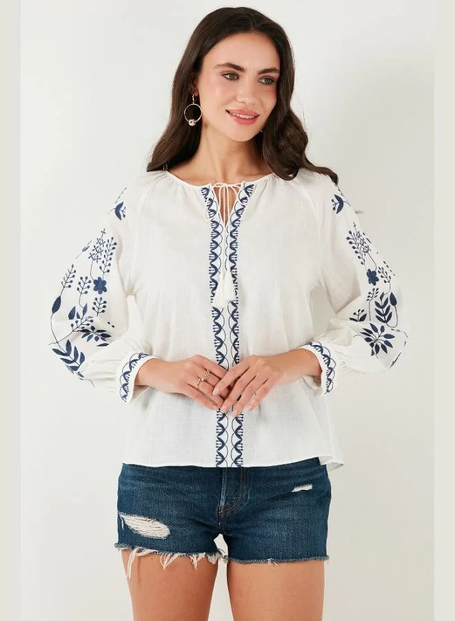 Lela  Lela Cotton Regular Fit Balloon Sleeve Embroidered Blouse Women's BLOUSE 6110936 for Women | Best Price UAE