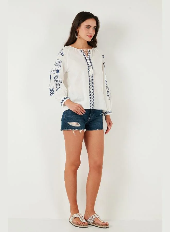 Lela  Lela Cotton Regular Fit Balloon Sleeve Embroidered Blouse Women's BLOUSE 6110936 for Women | Best Price UAE