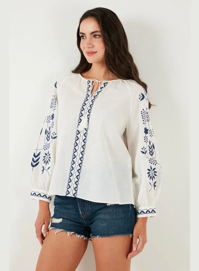 Lela  Lela Cotton Regular Fit Balloon Sleeve Embroidered Blouse Women's BLOUSE 6110936 for Women | Best Price UAE