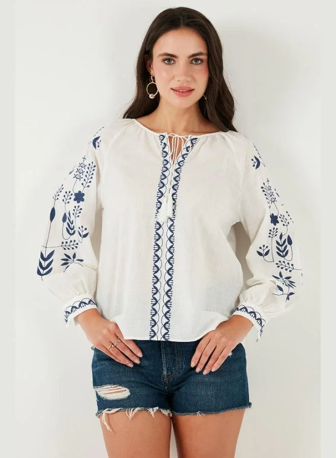Lela Cotton Regular Fit Balloon Sleeve Embroidered Blouse Women's BLOUSE 6110936