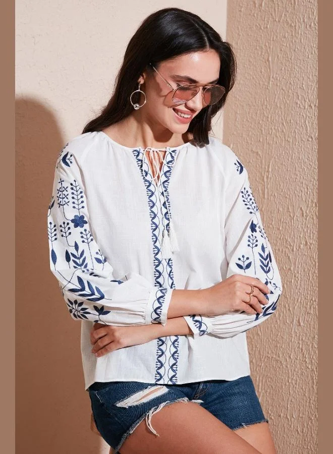 Lela  Lela Cotton Regular Fit Balloon Sleeve Embroidered Blouse Women's BLOUSE 6110936 for Women | Best Price UAE