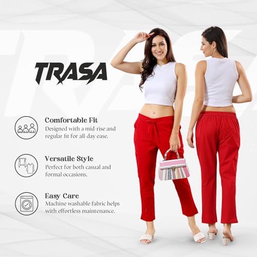 TRASA Ultra Soft Cotton Regular and Plus 8 Colour Cotton Pants for Womens and Girls, Red - 4XL - Image 2