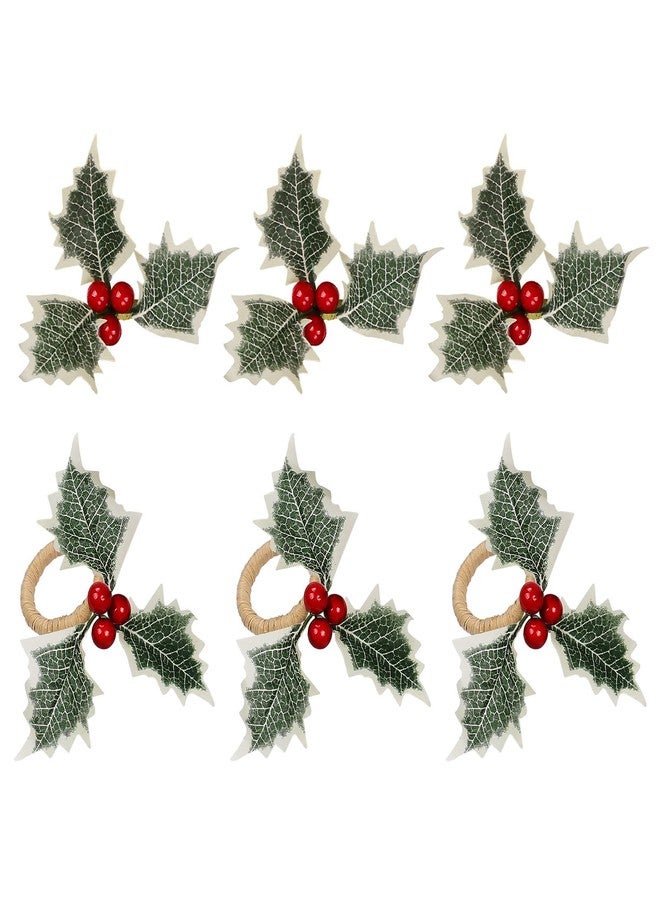 Wonlex Farmhouse Holly Napkin Rings Set of 6, Handmade Rustic Serviette Holly Berry Napkin Ring Holders for Christmas, Table Setting, Xmas Decorations (6 Holly) - Image 1