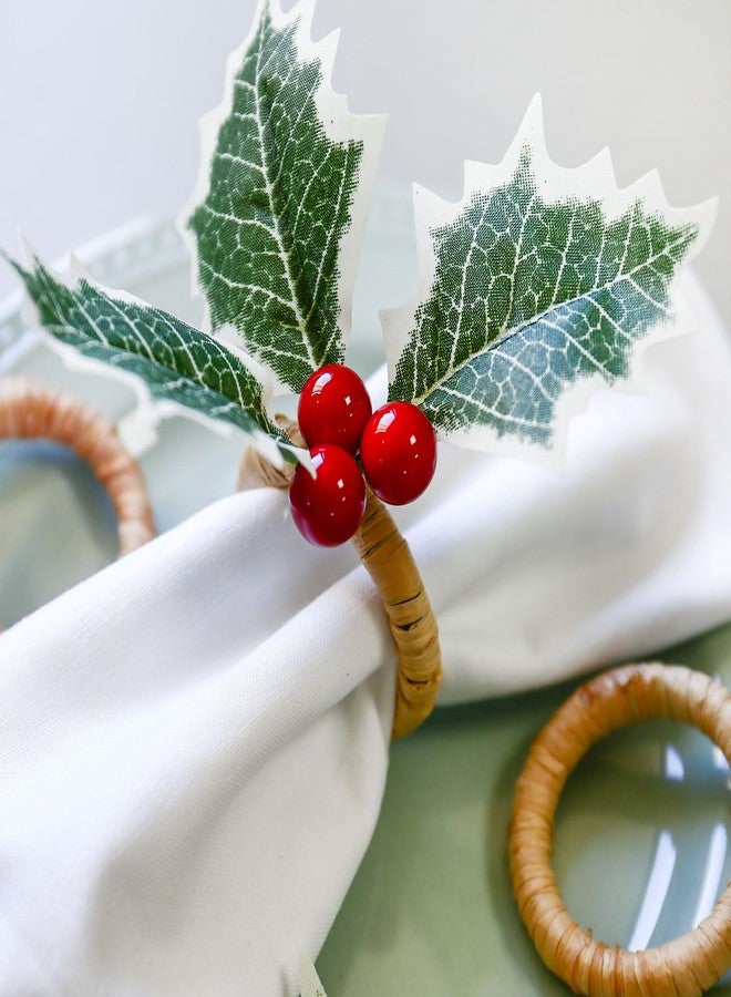 Wonlex Farmhouse Holly Napkin Rings Set of 6, Handmade Rustic Serviette Holly Berry Napkin Ring Holders for Christmas, Table Setting, Xmas Decorations (6 Holly) - Image 2