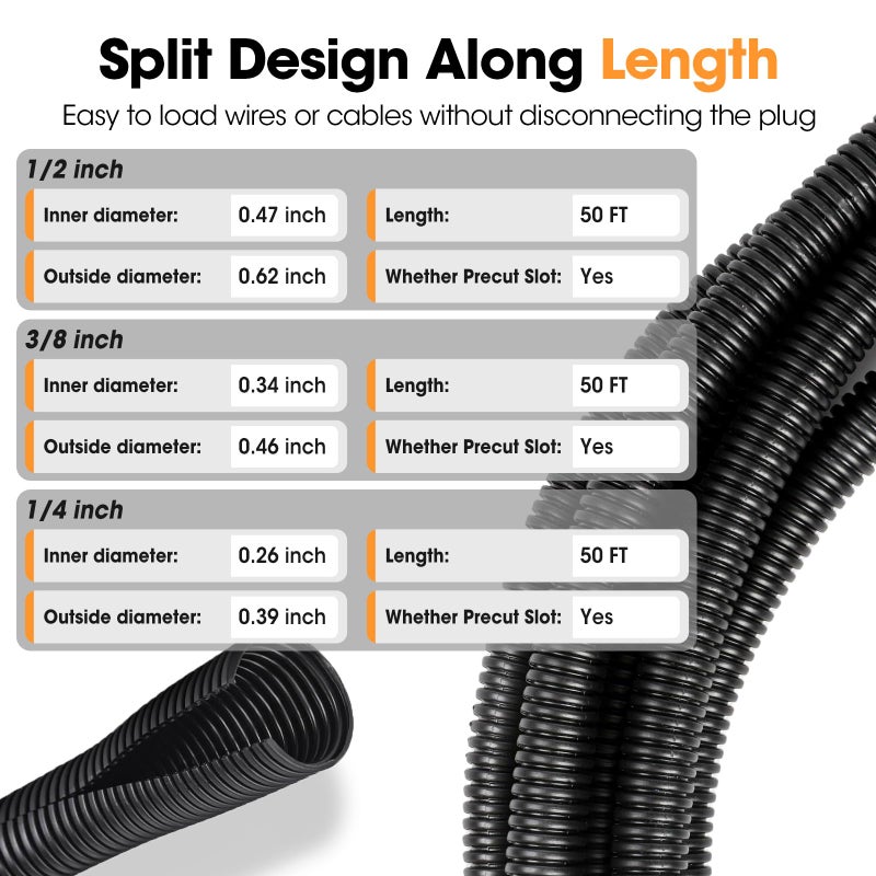 YesBes Wire Loom 1/4", 1/2", 3/8 Inch x 50 FT, Split Wire Loom Tubing Wire Conduit, Cable Sleeves Bulk Flexible Electrical Conduit Protective kit - Image 3