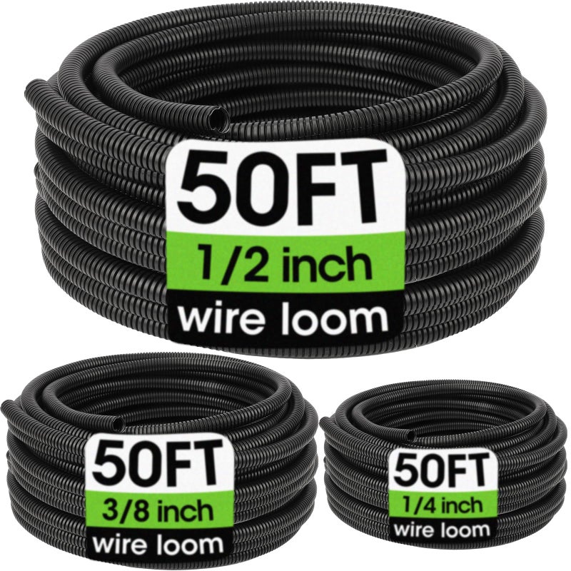 YesBes Wire Loom 1/4", 1/2", 3/8 Inch x 50 FT, Split Wire Loom Tubing Wire Conduit, Cable Sleeves Bulk Flexible Electrical Conduit Protective kit - Image 1