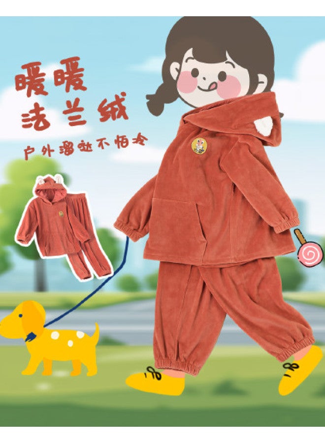 Long time companion kids' Fleece-lined Hoodie Set, Thickened Flannel Hooded Jogger Suit For Autumn/winter Outings - Image 1
