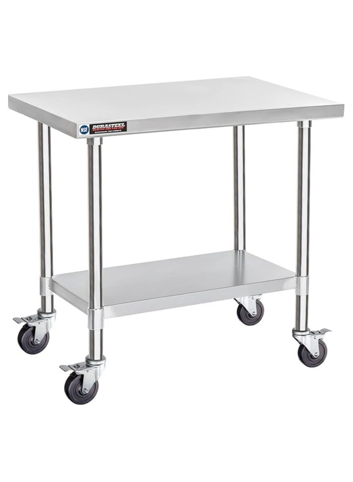 DuraSteel Stainless Steel Work Table 61cm x 91cm Height With 4 Wheel Wheels - Food Preparation Commercial Grade Countertop - NSF Certificate - Good for Restaurant, Business, Warehouse, Kitchen, Garage - Image 1
