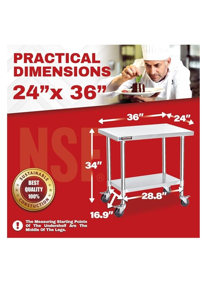 DuraSteel Stainless Steel Work Table 61cm x 91cm Height With 4 Wheel Wheels - Food Preparation Commercial Grade Countertop - NSF Certificate - Good for Restaurant, Business, Warehouse, Kitchen, Garage - Image 2