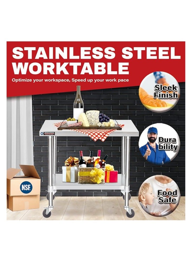 DuraSteel Stainless Steel Work Table 61cm x 91cm Height With 4 Wheel Wheels - Food Preparation Commercial Grade Countertop - NSF Certificate - Good for Restaurant, Business, Warehouse, Kitchen, Garage - Image 4
