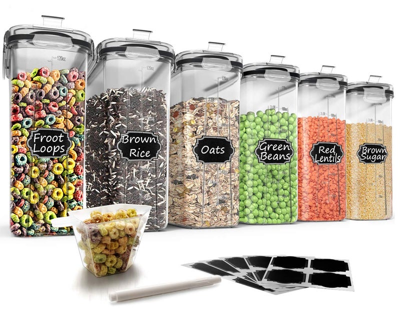 Wildone Cereal Storage Containers Set Large BPA Free Plastic Airtight Food Storage Containers 4L for Flour Sugar 6 Piece Set Cereal Dispensers with 20 Labels Marker Black