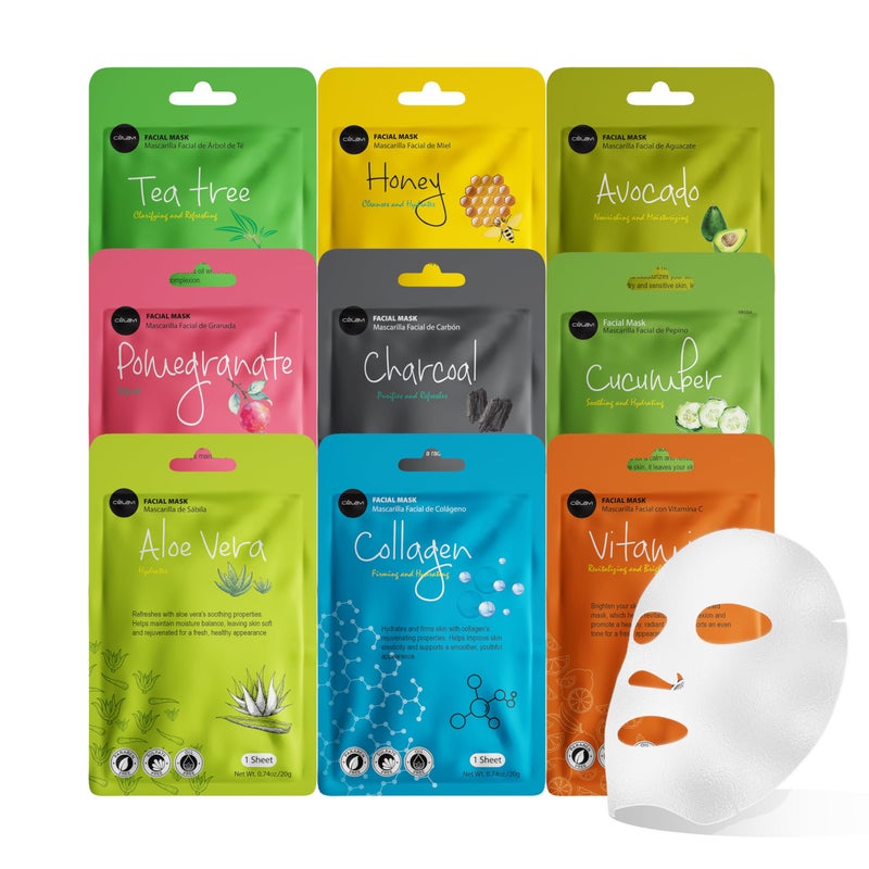 Celavi Essence Facial Face Mask Paper Sheet Korea Skin Care Moisturizing 9 Pack Mix of 9