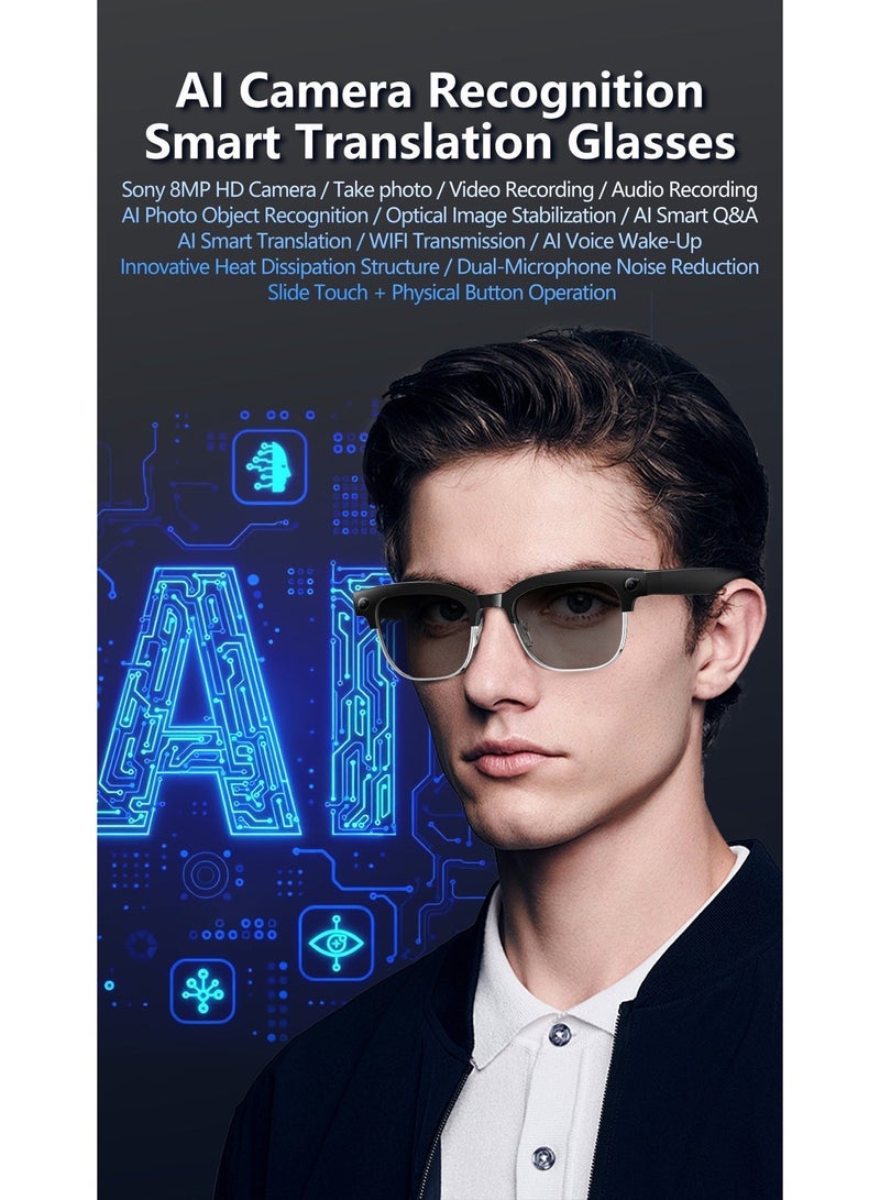 Domars AI Smart Glasses with Camera and Audio for Men Women, 8MP HD Camera Glasses,1080P Video Recording Sunglasses,Real Time Translation,Voice Assistant, Open-Ear Audio for Travel, Fishing,Meetings & Vlogging（Sunglasses） - Image 2