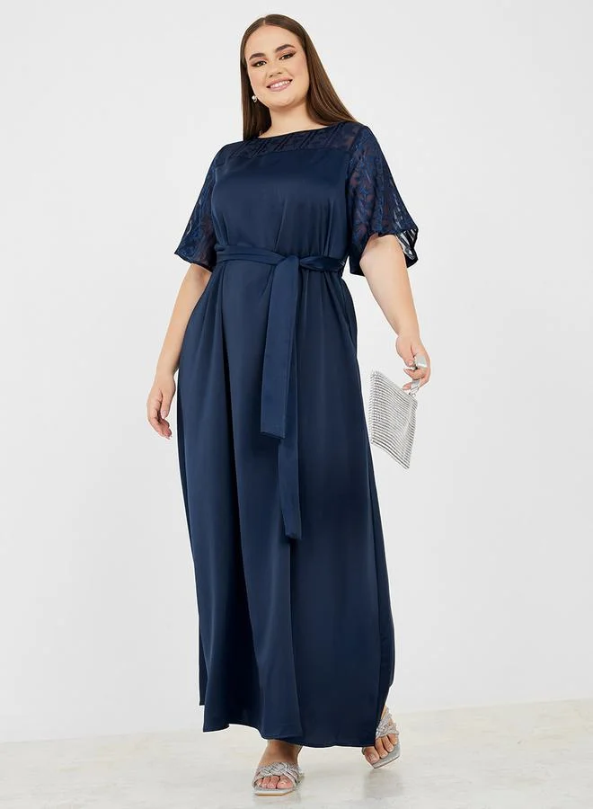 Styli Satin A-Line Maxi Dress with Self Tie Up