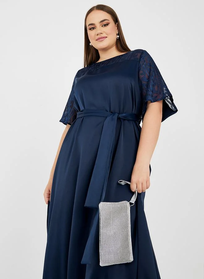Styli Satin A-Line Maxi Dress with Self Tie Up