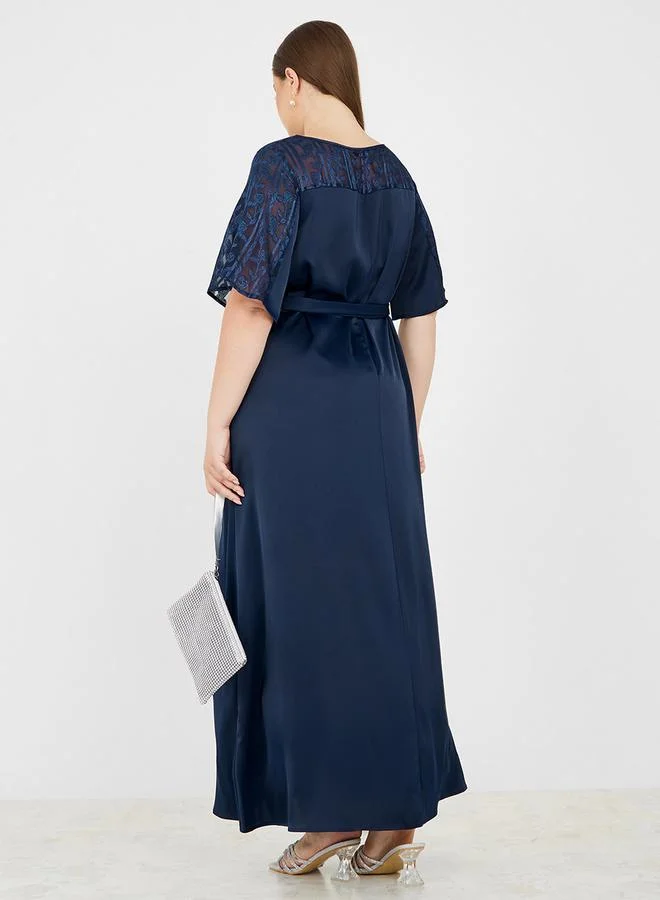 Styli Satin A-Line Maxi Dress with Self Tie Up