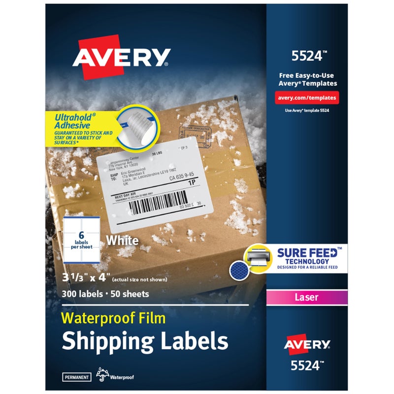Avery Waterproof Printable Shipping Labels with Sure Feed, 3-1/3" x 4", White, 300 Blank Mailing Labels (5524) - Image 1