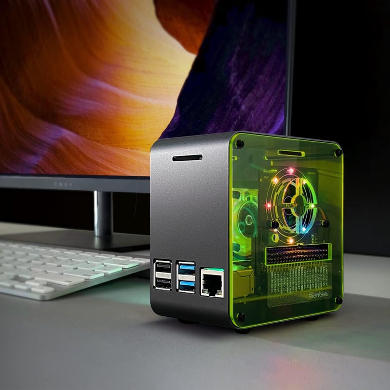 ElectroCookie حافظة Raspberry Pi 4، حافظة برج مصغرة من الألمنيوم مع مروحة تبريد وضوء محيطي متغير الألوان (أسود نيون) - Image 2