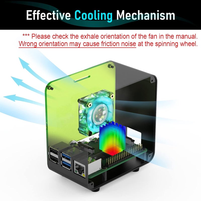 ElectroCookie حافظة Raspberry Pi 4، حافظة برج مصغرة من الألمنيوم مع مروحة تبريد وضوء محيطي متغير الألوان (أسود نيون) - Image 3