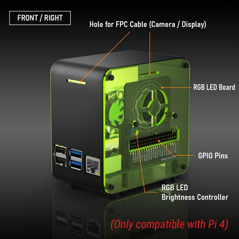 ElectroCookie حافظة Raspberry Pi 4، حافظة برج مصغرة من الألمنيوم مع مروحة تبريد وضوء محيطي متغير الألوان (أسود نيون) - Image 5
