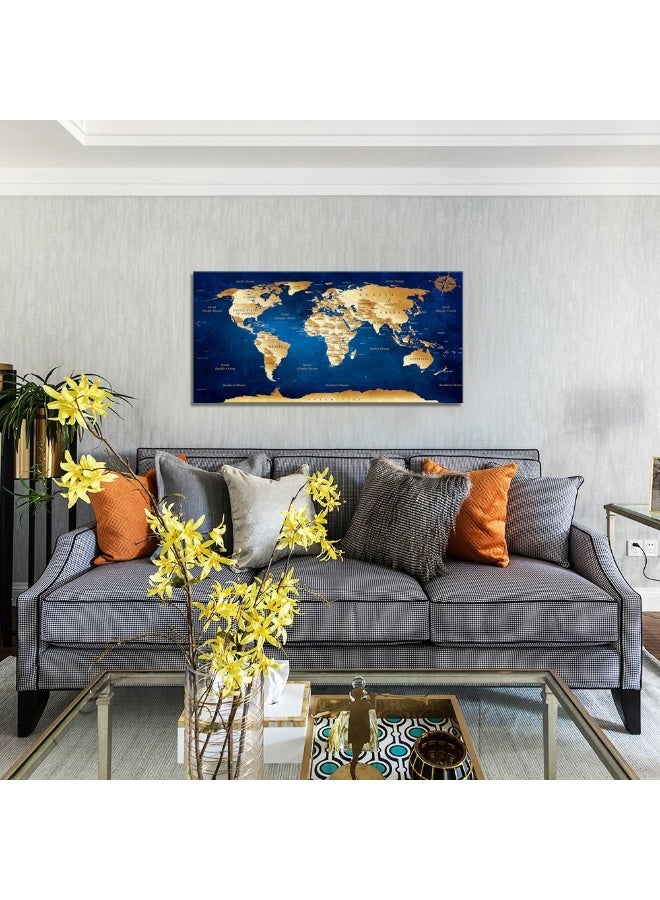 Home Trove Wall Art Blue Map Of The World Painting Ready To Hang - 20" X 40" Pieces Large Framed Wall Art World Map Canvas Art Map Wall Decorations Artwork Prints For Background For Home Office Decoration  - Image 3