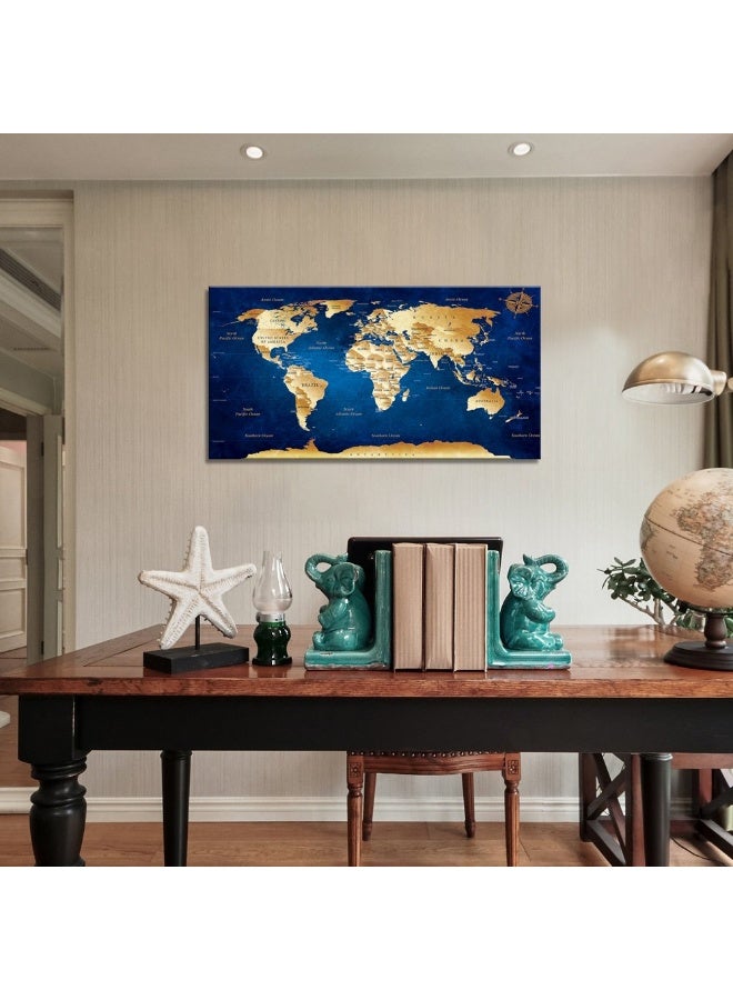 Home Trove Wall Art Blue Map Of The World Painting Ready To Hang - 20" X 40" Pieces Large Framed Wall Art World Map Canvas Art Map Wall Decorations Artwork Prints For Background For Home Office Decoration  - Image 4