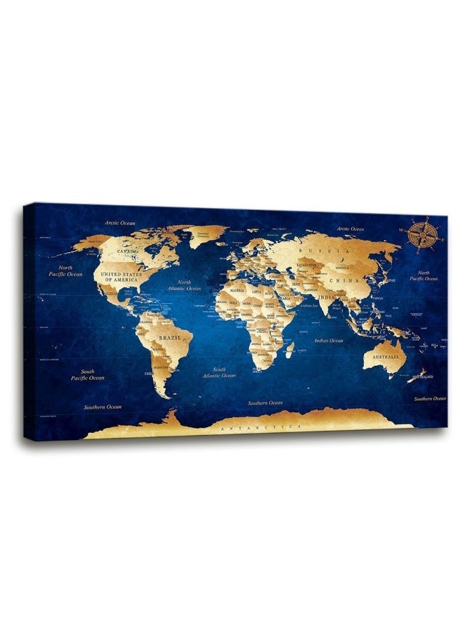 Home Trove Wall Art Blue Map Of The World Painting Ready To Hang - 20" X 40" Pieces Large Framed Wall Art World Map Canvas Art Map Wall Decorations Artwork Prints For Background For Home Office Decoration  - Image 1