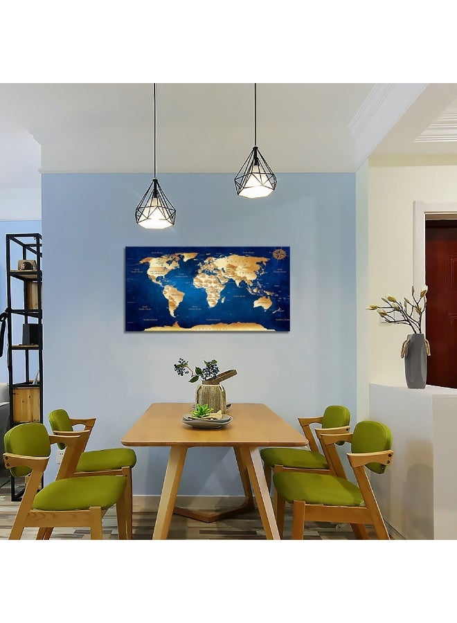 Home Trove Wall Art Blue Map Of The World Painting Ready To Hang - 20" X 40" Pieces Large Framed Wall Art World Map Canvas Art Map Wall Decorations Artwork Prints For Background For Home Office Decoration  - Image 5