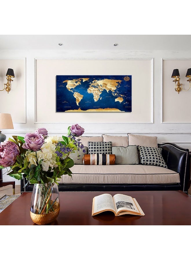 Home Trove Wall Art Blue Map Of The World Painting Ready To Hang - 20" X 40" Pieces Large Framed Wall Art World Map Canvas Art Map Wall Decorations Artwork Prints For Background For Home Office Decoration  - Image 2