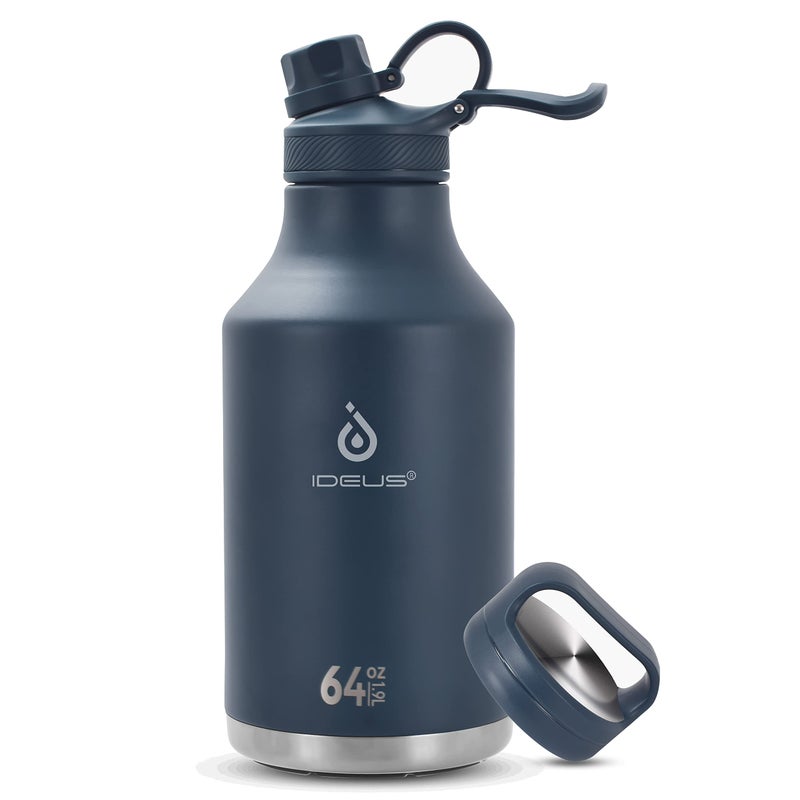 IDEUS Insulated Stainless Steel Water Bottle with 2 LeakProof Lids Thermal Water Flask for Hiking Biking 64oz Navy Blue