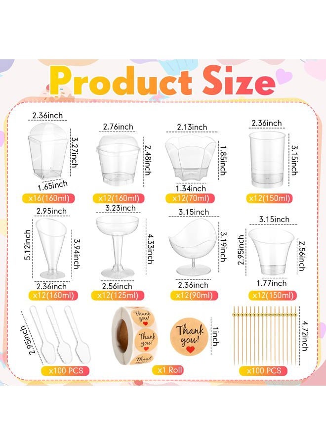 LemonRoad 300 Pack 2/3/5/7oz Plastic Dessert Cups Set 8 Styles Clear Plastic Dessert Cups with 100 Spoons 100 Toothpicks 500 Sticker for Serving Fruit Trifle Mousse Ice Cream Pudding (Chic) - Image 2